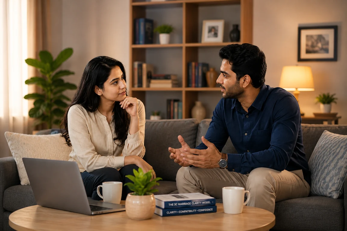 An Indian woman and man having a thoughtful conversation on a sofa, with books and a laptop